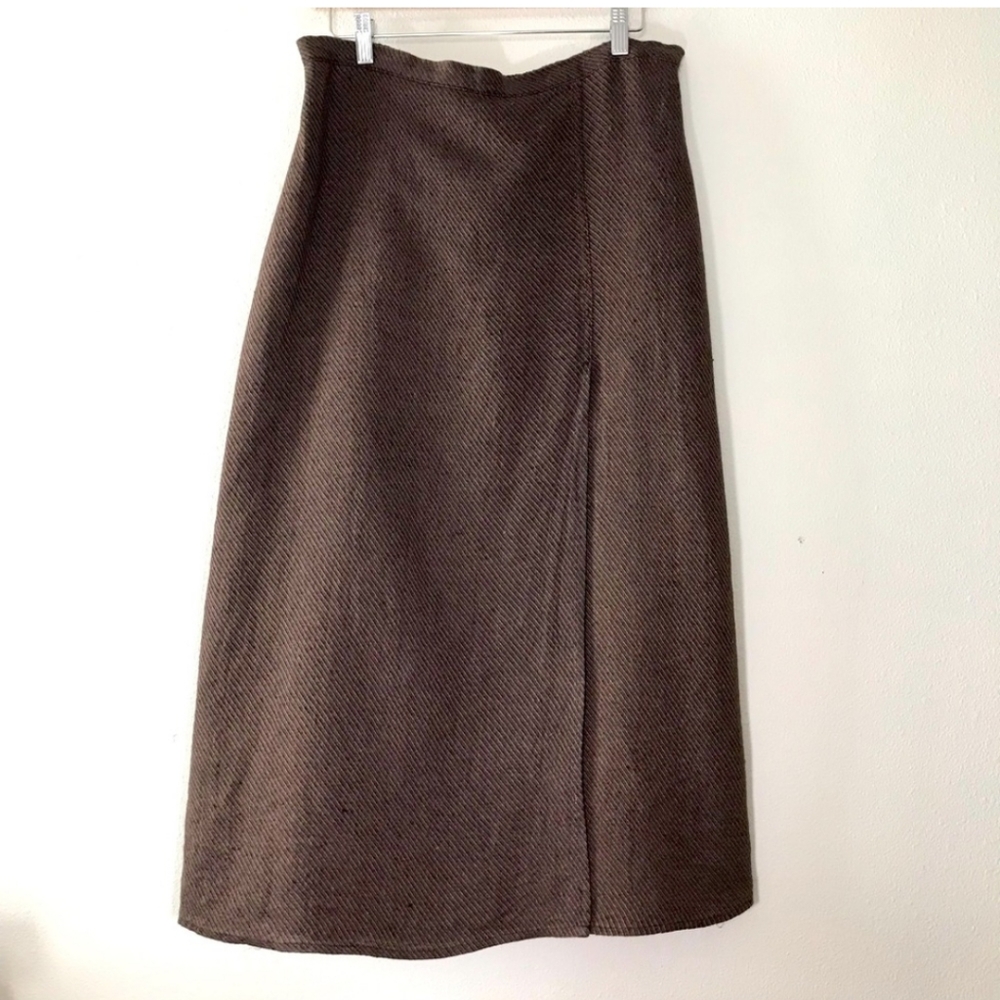 FLAX 100% Linen Vintage Pull On Midi Skirt with Modest Front Slit Brown Size S*